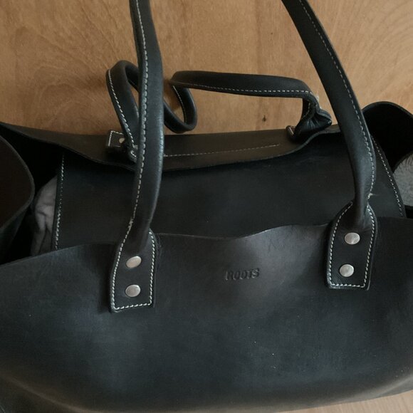 Last Chance VTG Roots Black Leather Short Handle Handbag with White Stitching - Picture 7 of 13